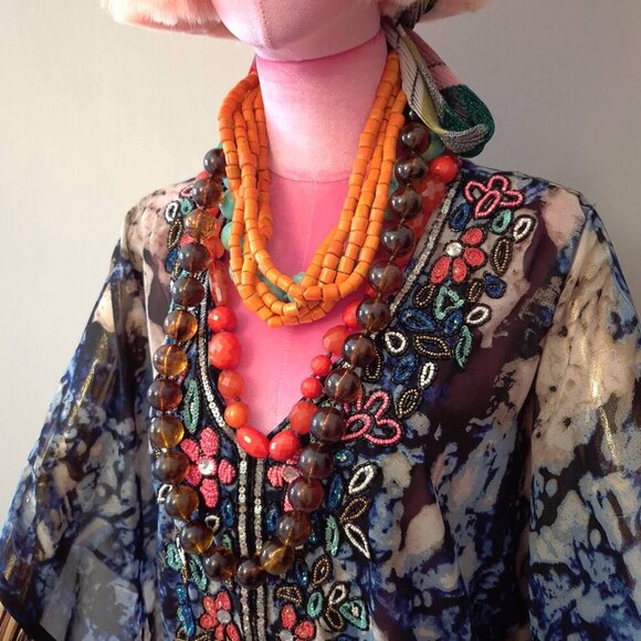 EUC Lucky & Coco blue, black & beige abstract print beaded sequined tunic caftan - Picture 3 of 9